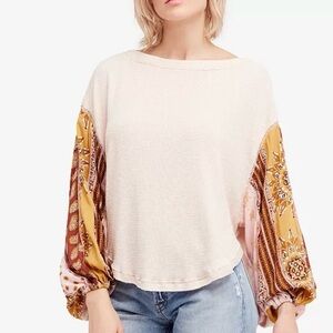 WE THE FREE Blossom Patchwork Balloon Sleeve Thermal Rose Pink Top Size XS